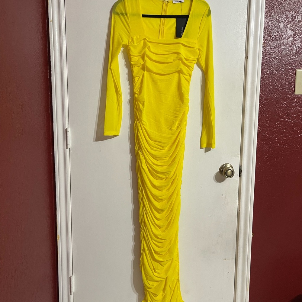 Fashion Nova Yellow Ruched Bodycon Dress
